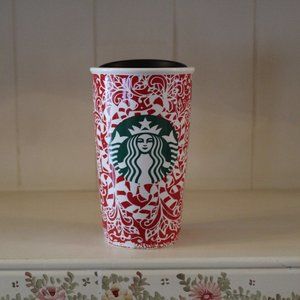 STARBUCKS 2016 Red/White Candy Cane Ceramic Tumbler With Lid 12oz